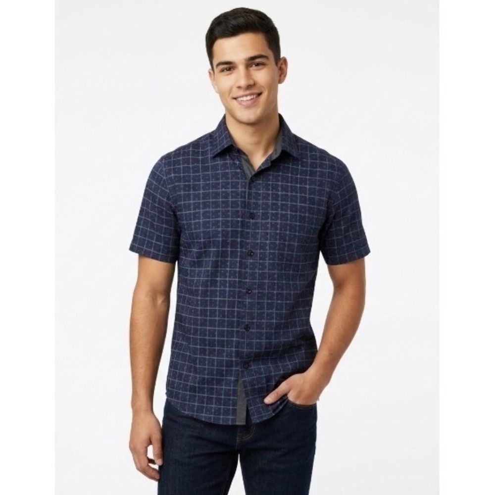 American Breed | Navy Blue Geometric Grid Short Sleeve Button Down Shirt | M